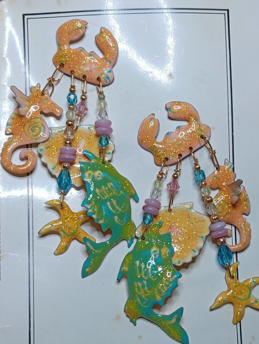 Lunch at The Ritz 1989 "Seafood" Dangle Earings 14k Gold Post, New